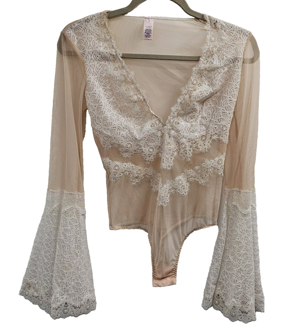 Victoria’s Secret Bodysuit XS Nude Lace Bell Sleeve Coquette Coastal Boho Chic